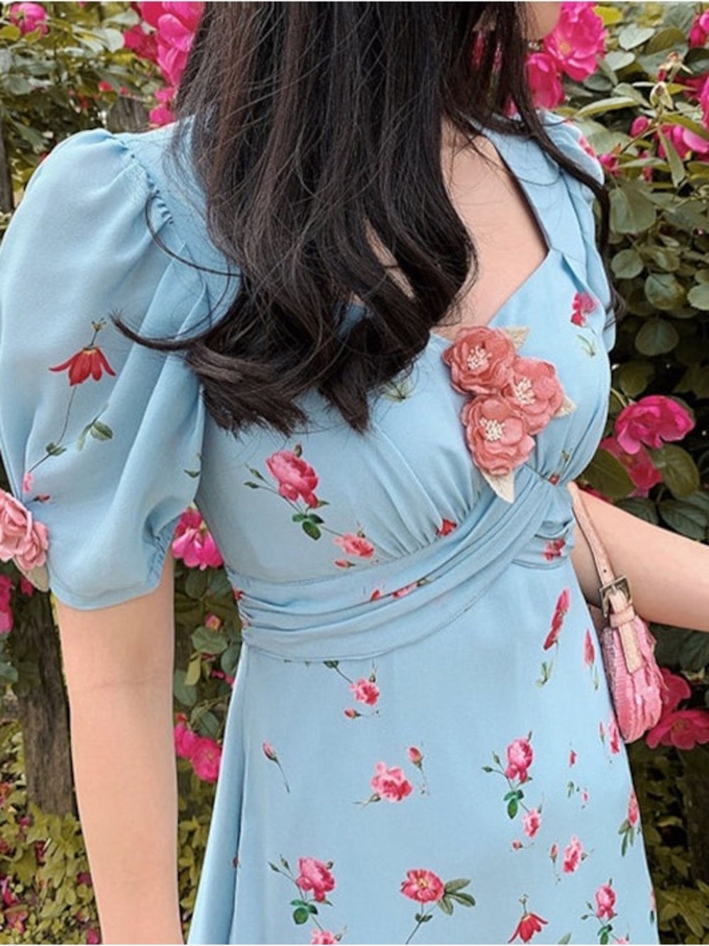 Etsy Light Blue Floral Midi Dress with Pink Embroidery